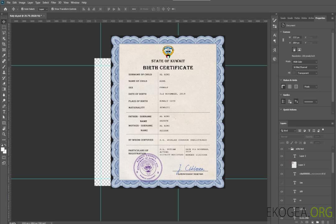 Modèle PSD de certificat de naissance de l'état civil du Koweït template